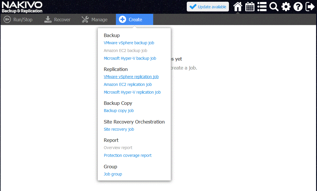 Disaster recovery replication Create menu on the main UI of NAKIVO Backup & Replication1
