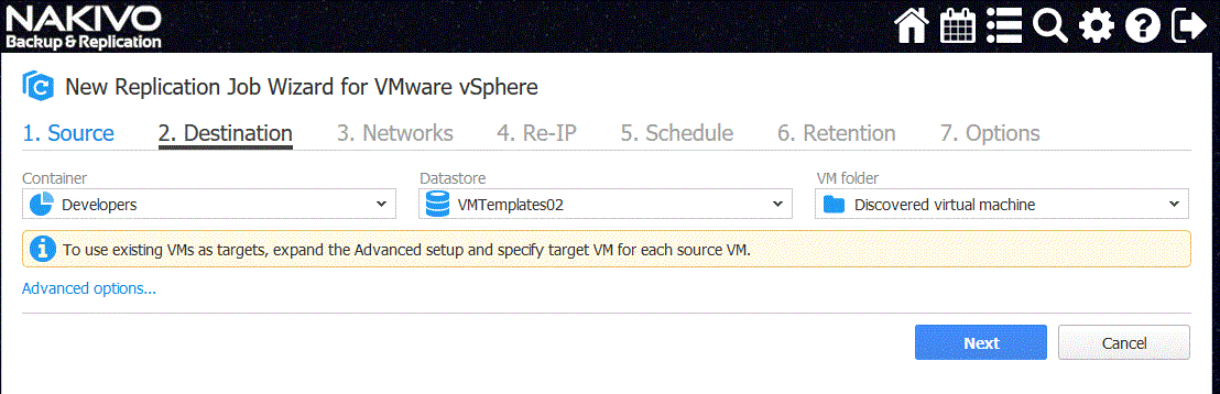 Disaster recovery replication Destination tab of the New Replication Job Wizard for VMware vSphere1