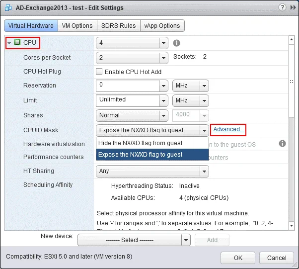 Editing the CPUID flags for a particular VM