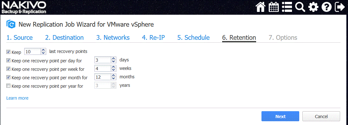 Disaster recovery replication Retention tab of the New Replication Job Wizard for VMware vSphere1