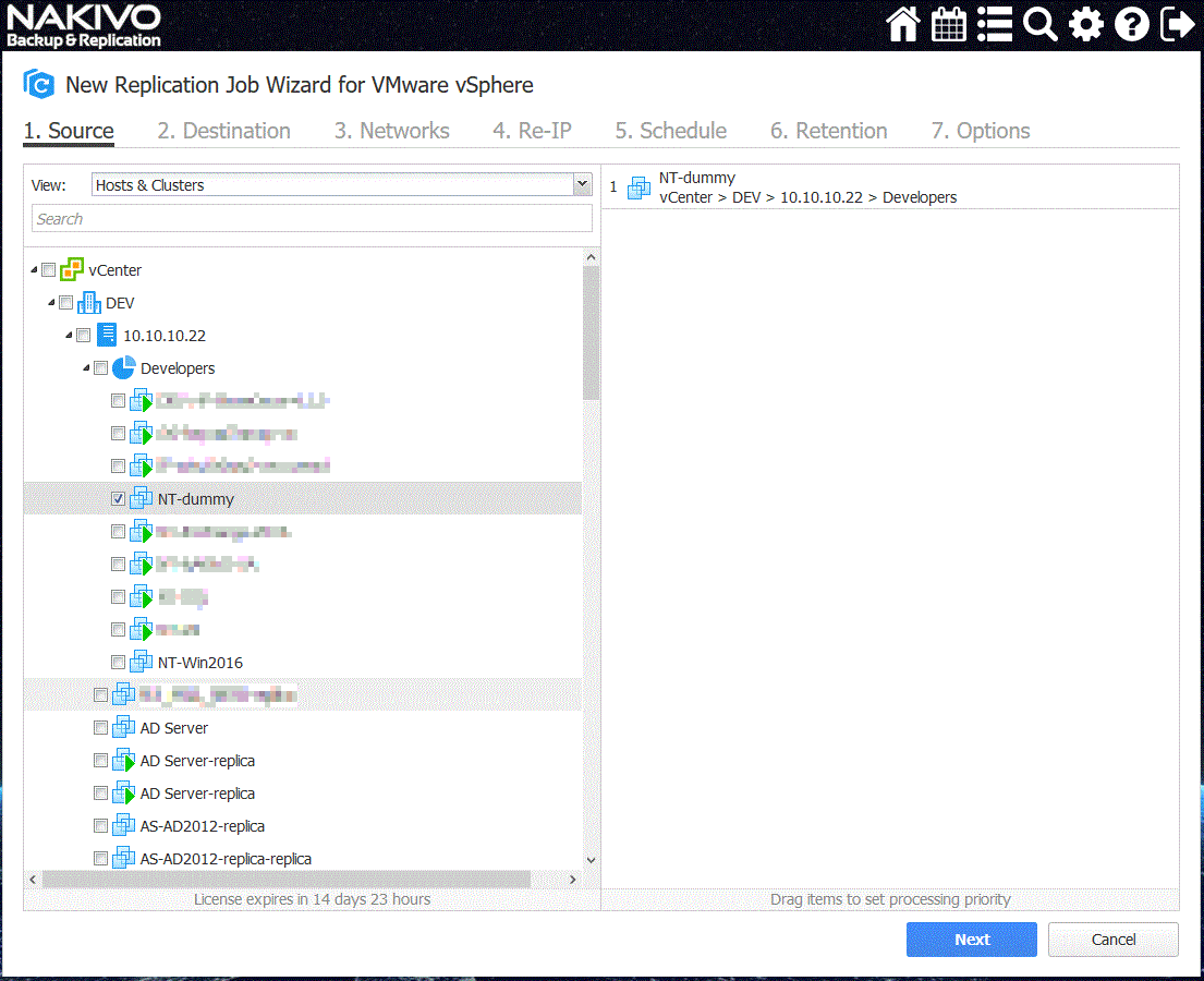 Source tab of the New Replication Job Wizard for VMware vSphere1
