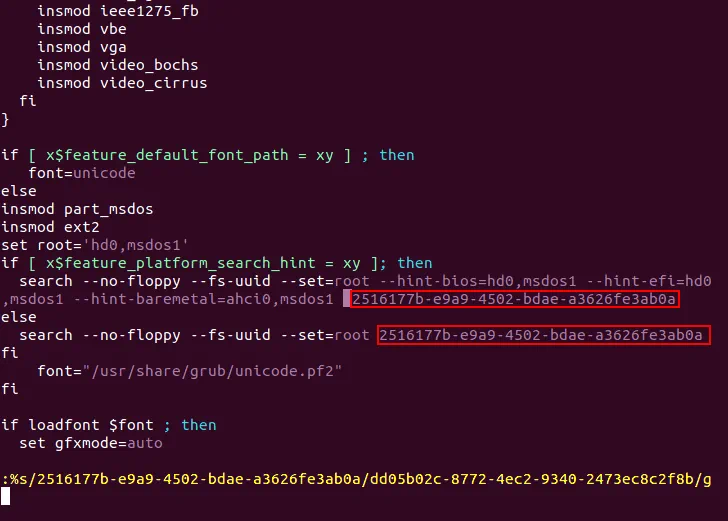 Editing grub.cfg and changing the UUID value to fix the GRUB error caused by P2V Linux conversion