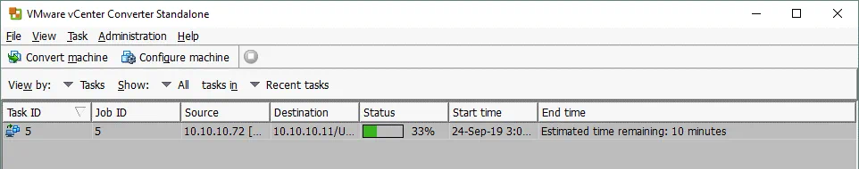 VMware converter Linux – a P2V Linux conversion job is started