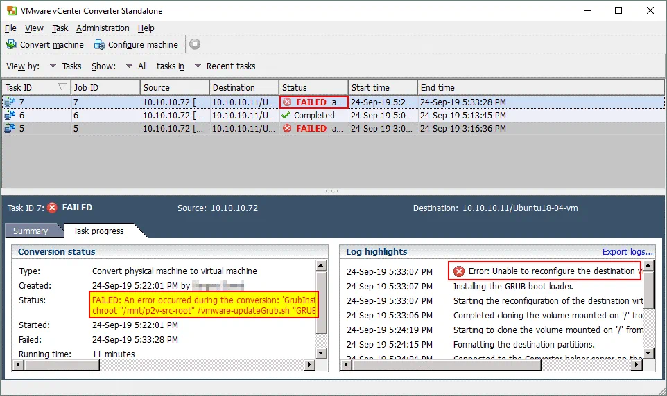 VMware converter Linux – an error during reconfiguring the GRUB boot loader on the destination VM