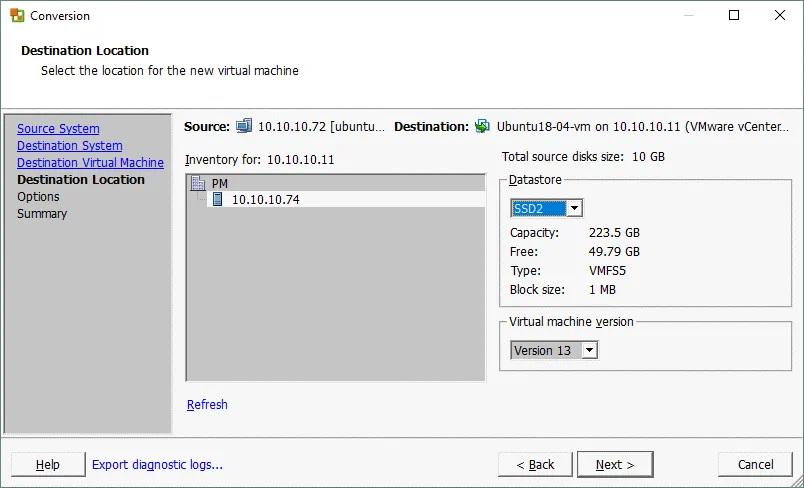 VMware converter Linux – selecting destination location for P2V Linux conversion