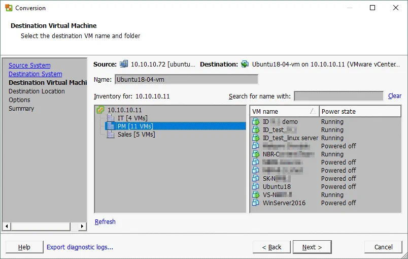 VMware converter Linux – selecting the destination VM name and folder