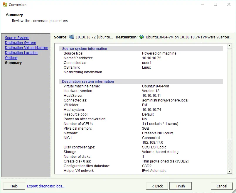 VMware converter Linux – the summary of conversion parameters
