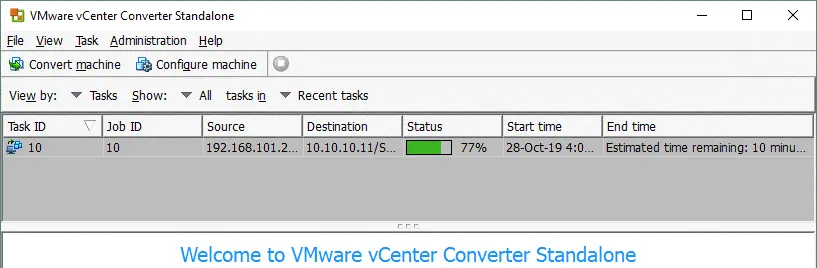 A P2V migration job is running in VMware Converter