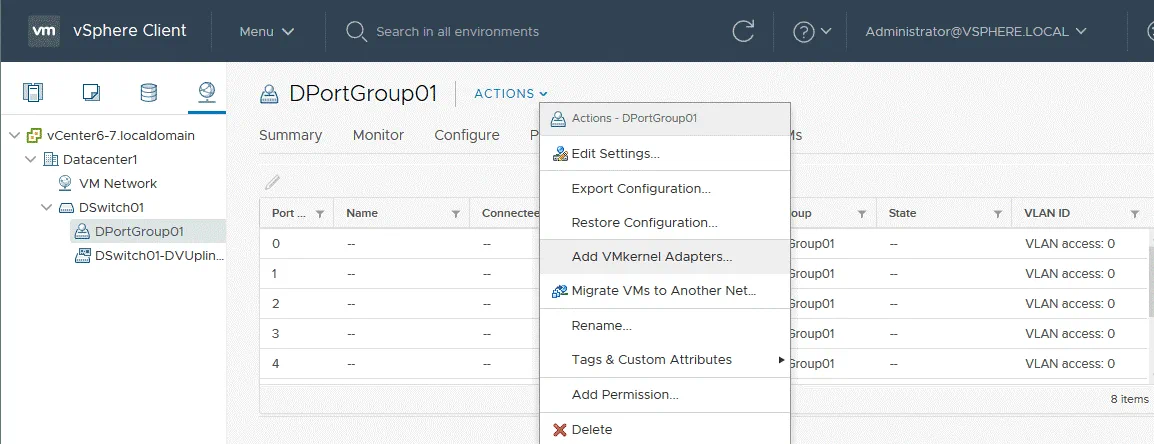 Adding VMkernel adapters to the distributed virtual switch configuration