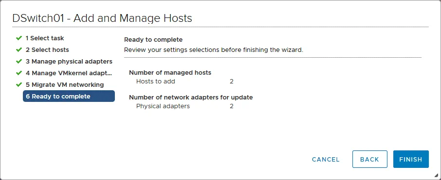 Adding hosts to the distributed virtual switch configuration – ready to complete