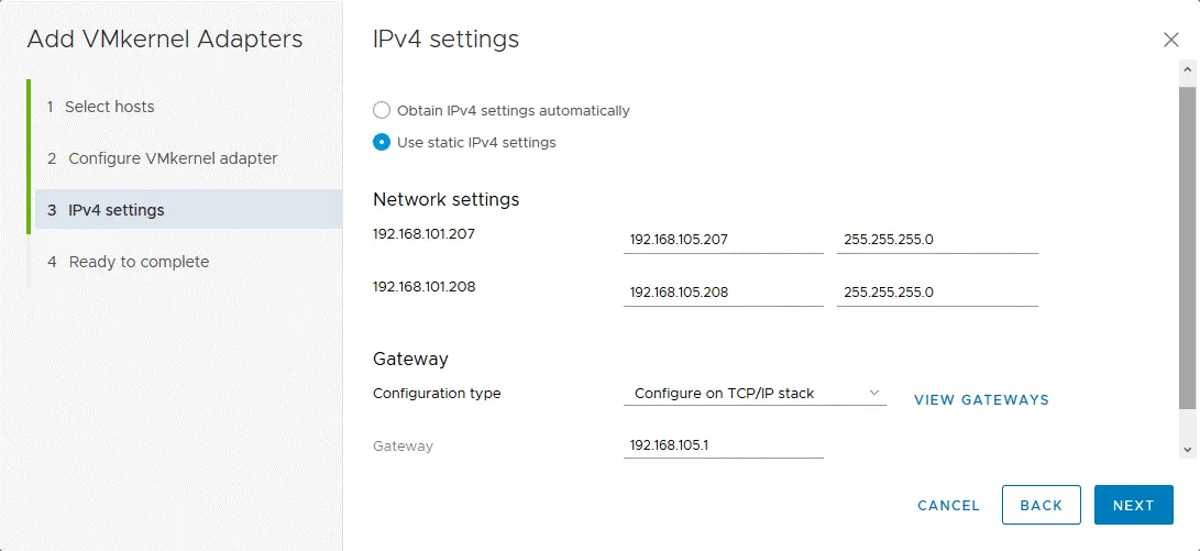 Configuring IP v4 settings for VMkernel adapters connected to distributed virtual switch