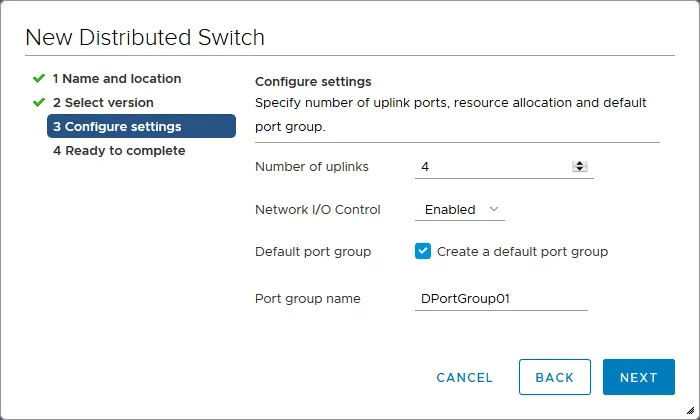 Configuring settings for a new distributed virtual switch