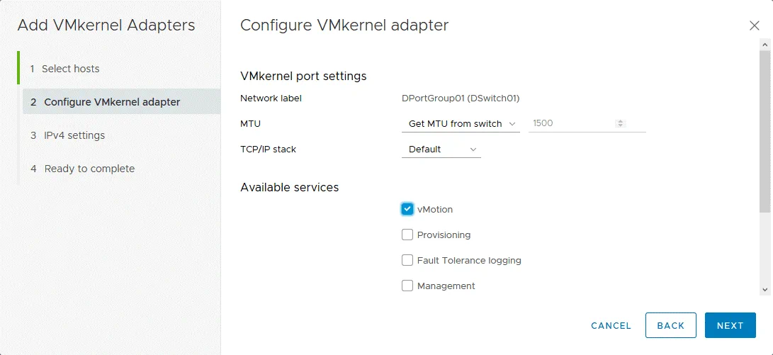 Configuring the VMkernel adapter and selecting available services