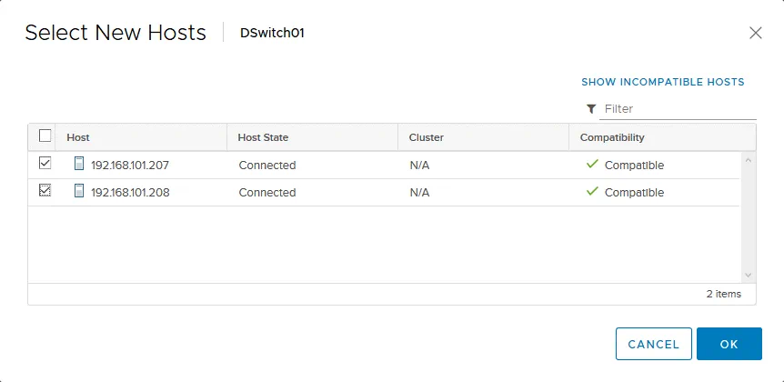 ESXi hosts that must be added to VMware distributed switch configuration are selected