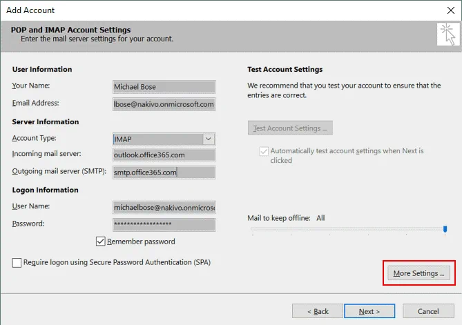 Entering Office 365 SMTP settings in the account settings of Exchange 2016