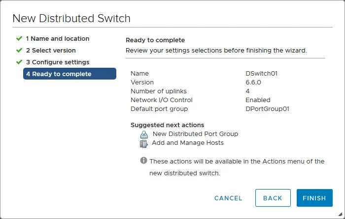 Finishing creating a new distributed virtual switch in VMware vSphere
