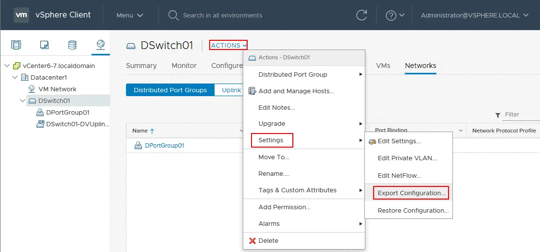 How to export configuration of VMware distributed switch