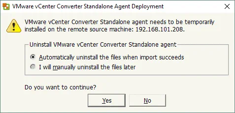 Installing VMware Converter Agent on the source physical machine