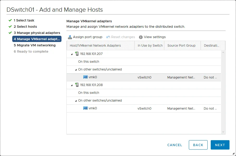 Managing VMkernel adapters when adding ESXi hosts to the distributed virtual switch configuration