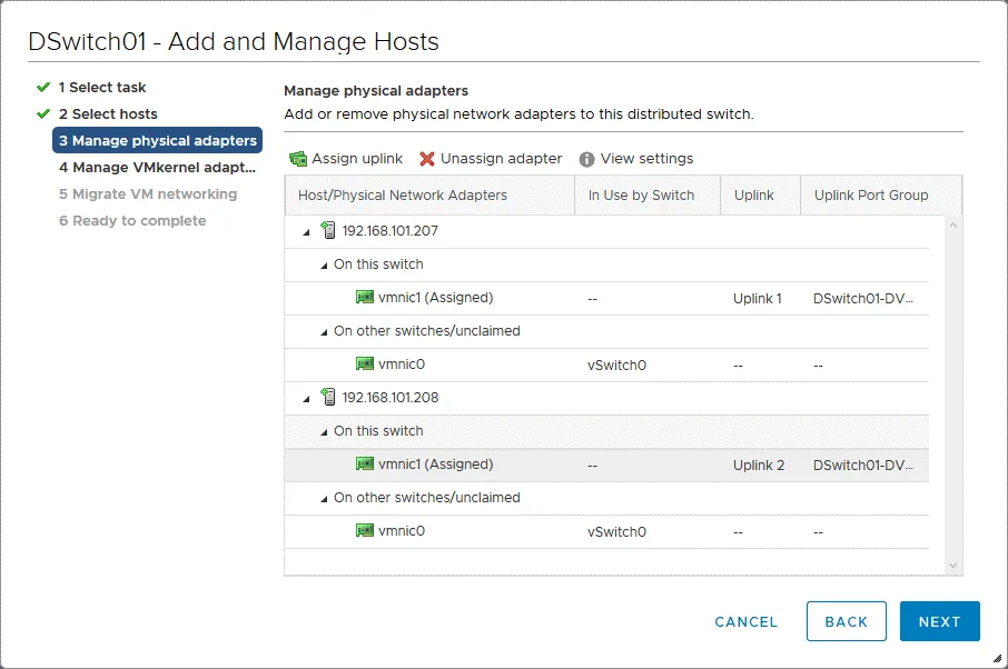 Managing physical network adapters when adding ESXi hosts to the VMware distributed switch configuration