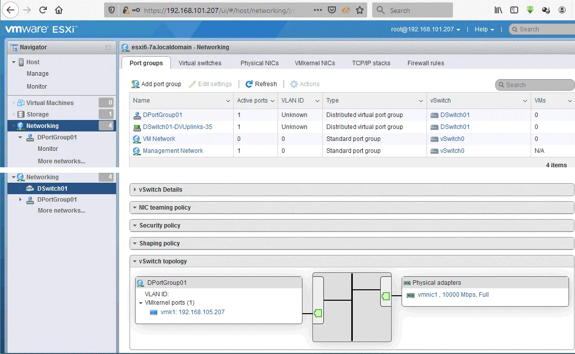 Network topology of the ESXi standard vSwitch created according to the VMware distributed switch configuration
