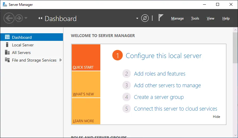 Opening Server Manager to install Hyper-V on Windows Server 2019