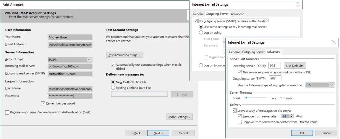 POP3 settings for using Office 365 Exchange email in Outlook 2016