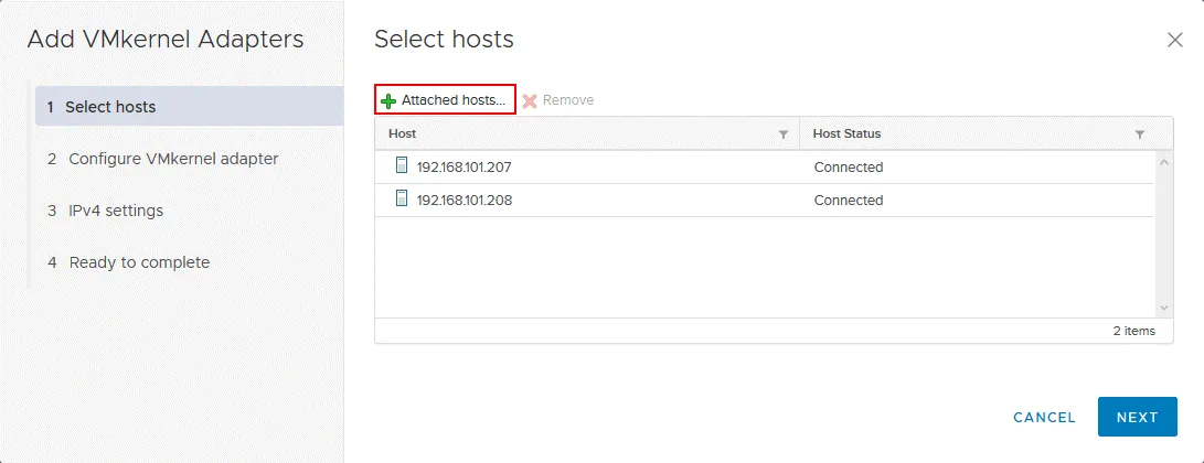 Selecting ESXi hosts to add VMkernel adapters