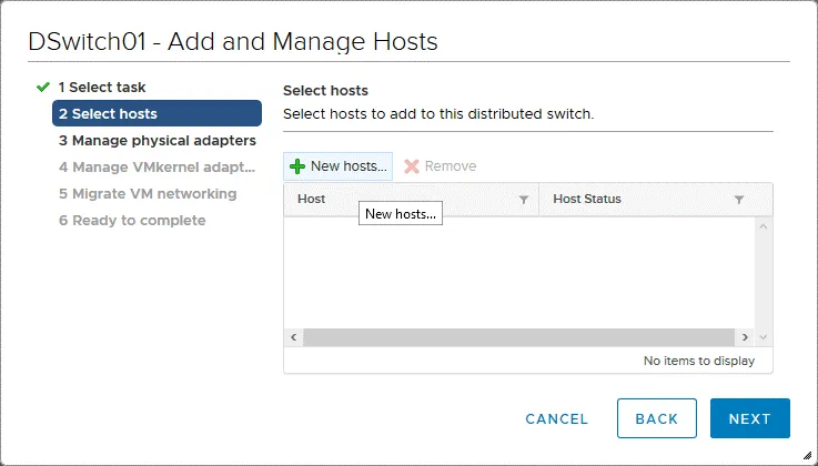 Selecting ESXi hosts to add to a distributed virtual switch