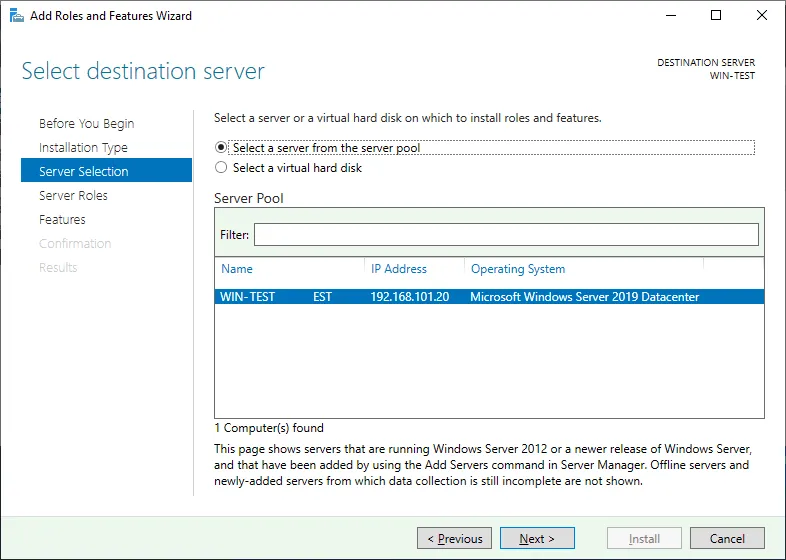 Selecting a server from the pool to install Microsoft Hyper V