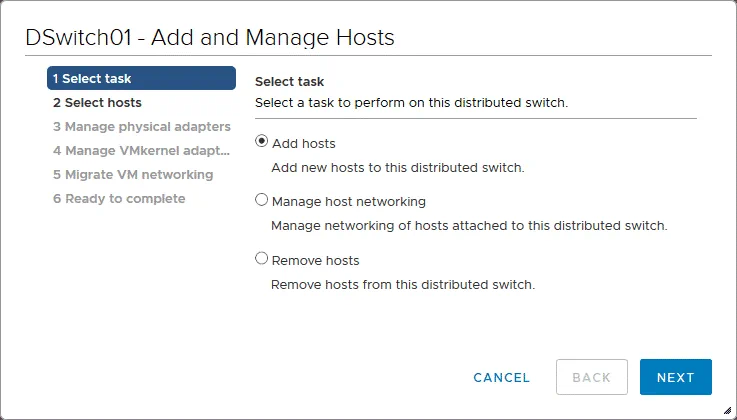 Selecting a task – add hosts to a distributed virtual switch