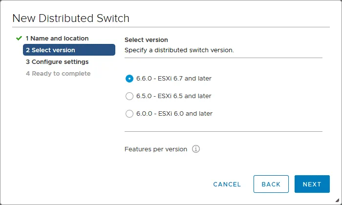 Selecting a version for a new VMware virtual distributed switch