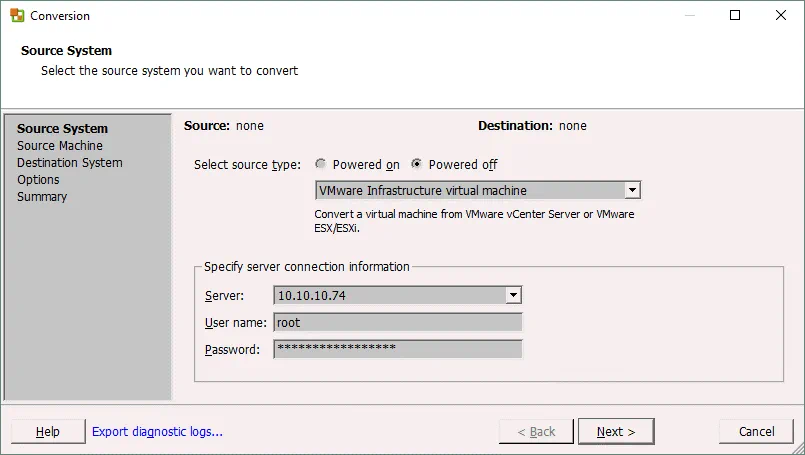 Selecting the ESXi server on which a source machine is residing