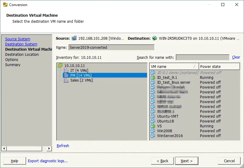 Selecting the destination VM in VMware Converter