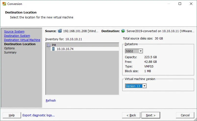 Selecting the destination location when creating a P2V conversion job in VMware Converter