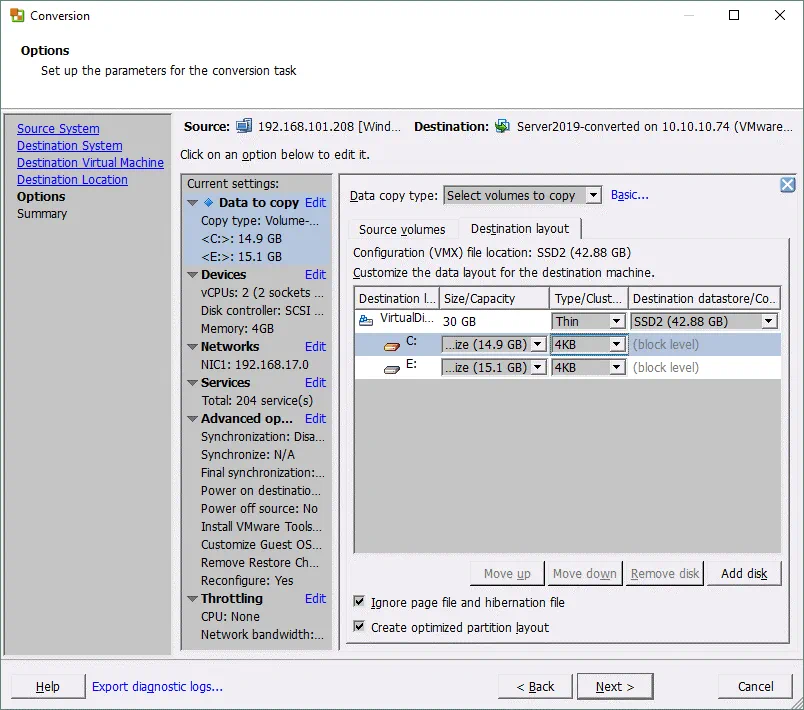 Setting up additional parameters for the P2V conversion job in VMware Converter