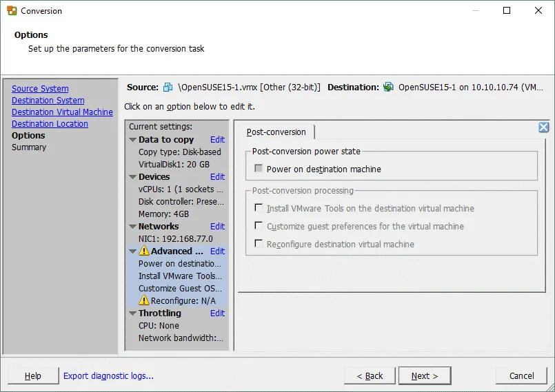 Some post-conversion options are not available for a Linux machine when configuring a V2V job in VMware Converter