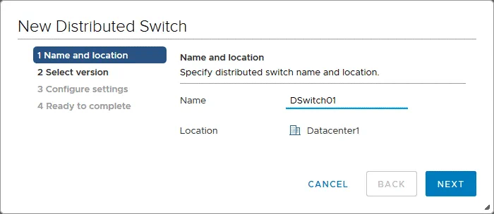 Specifying a name and location for a VMware distributed switch