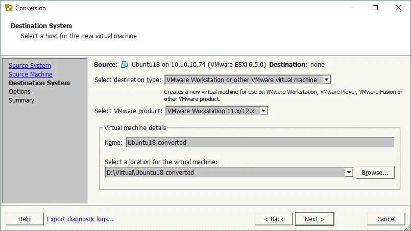 VMware Converter_selecting the destination system