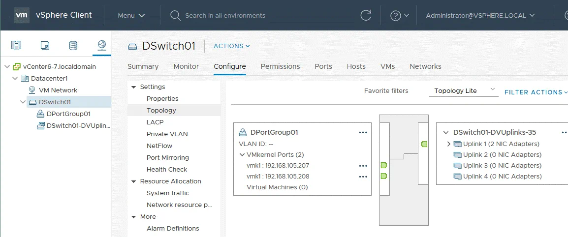 Viewing the network topology of the created distributed virtual switch in vCenter