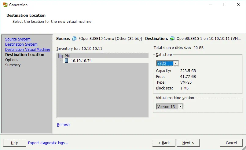 selecting a destination location for V2V conversion
