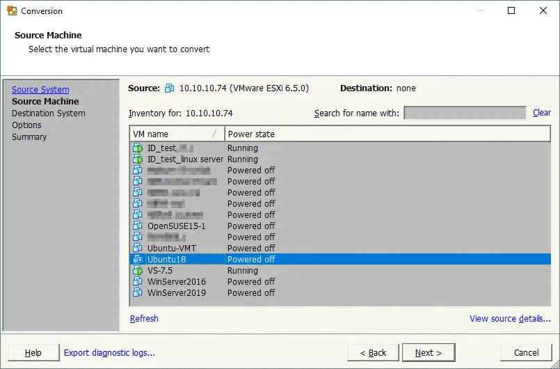 selecting a source machine residing on the ESXi host