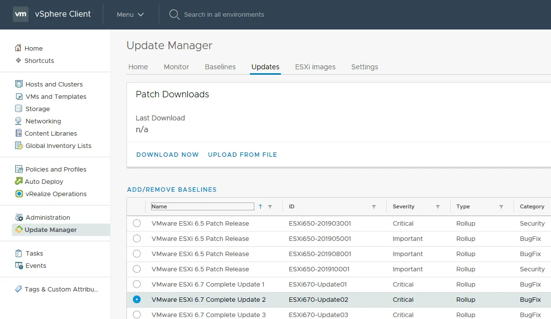 Available ESXi patches are listed in VMware Update Manager.