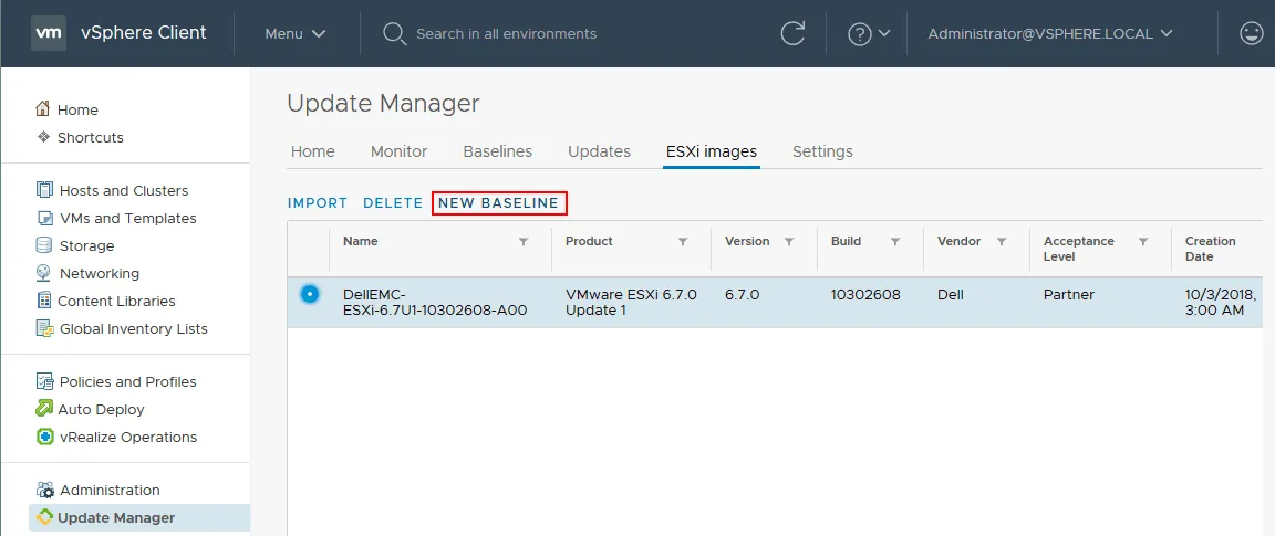 Creating a baseline in VMware Update Manager.