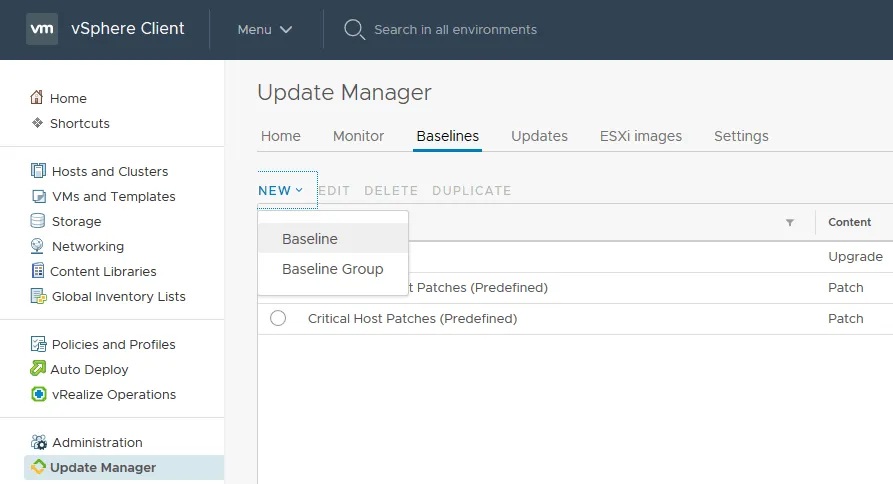 Creating a baseline to install ESXi patches in VMware Update Manager.