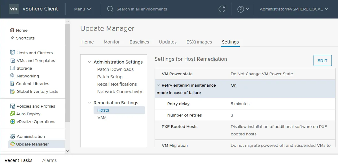 Global settings of VMware Update Manager.