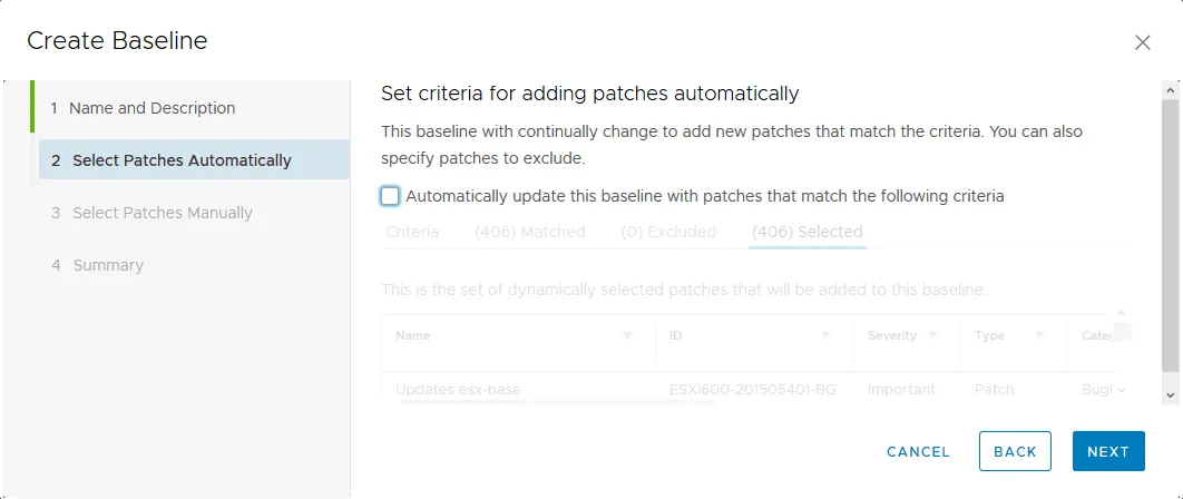 Installing VMware ESXi patches automatically is not selected.