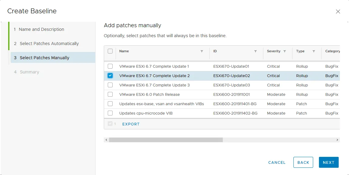 Installing VMware ESXi patches manually is selected to create a baseline.
