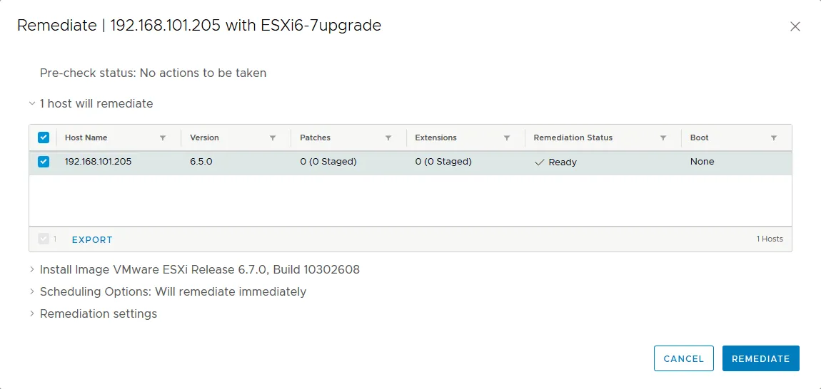 Remediating an ESXi host in VMware Update Manager.