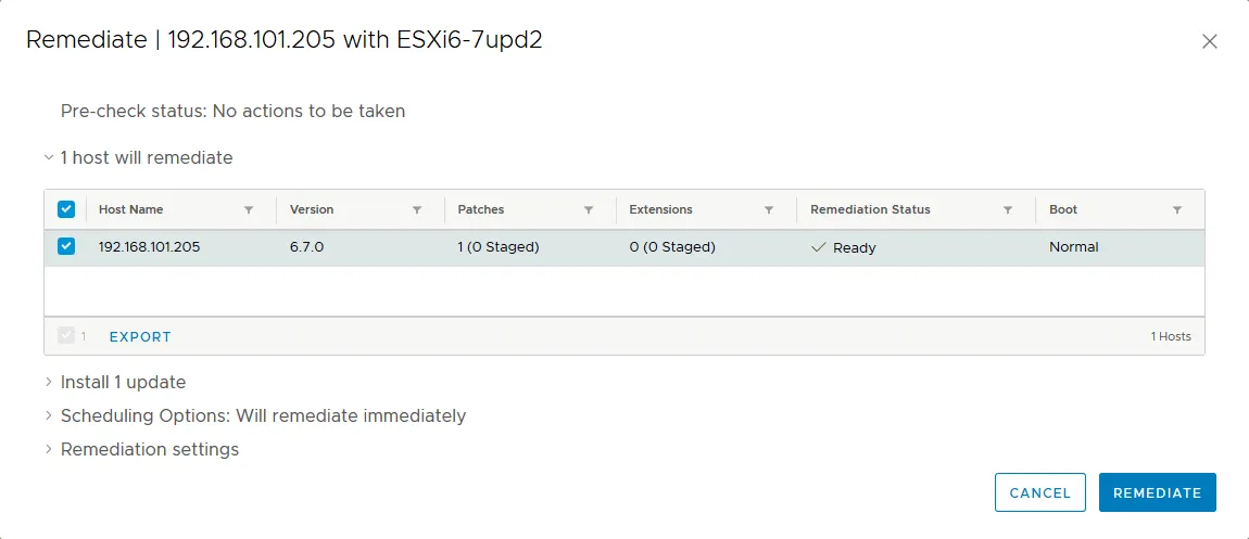 Remediating the ESXi host in VMware Update Manager to install VMware patches.